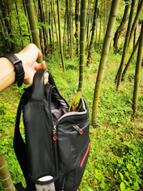 A hand reaching into a vivatela tissue pack inside a stylish backpack on a bustling urban street.