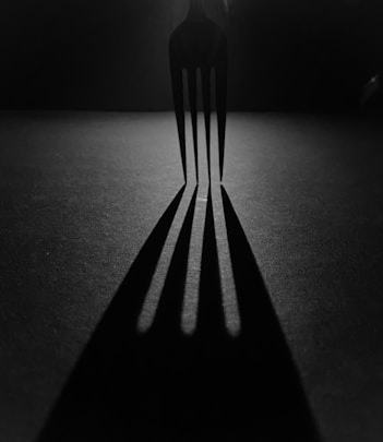 a black and white photo of a fork and a knife