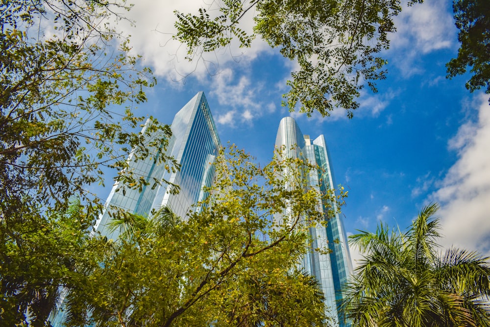 a couple of tall buildings sitting next to trees