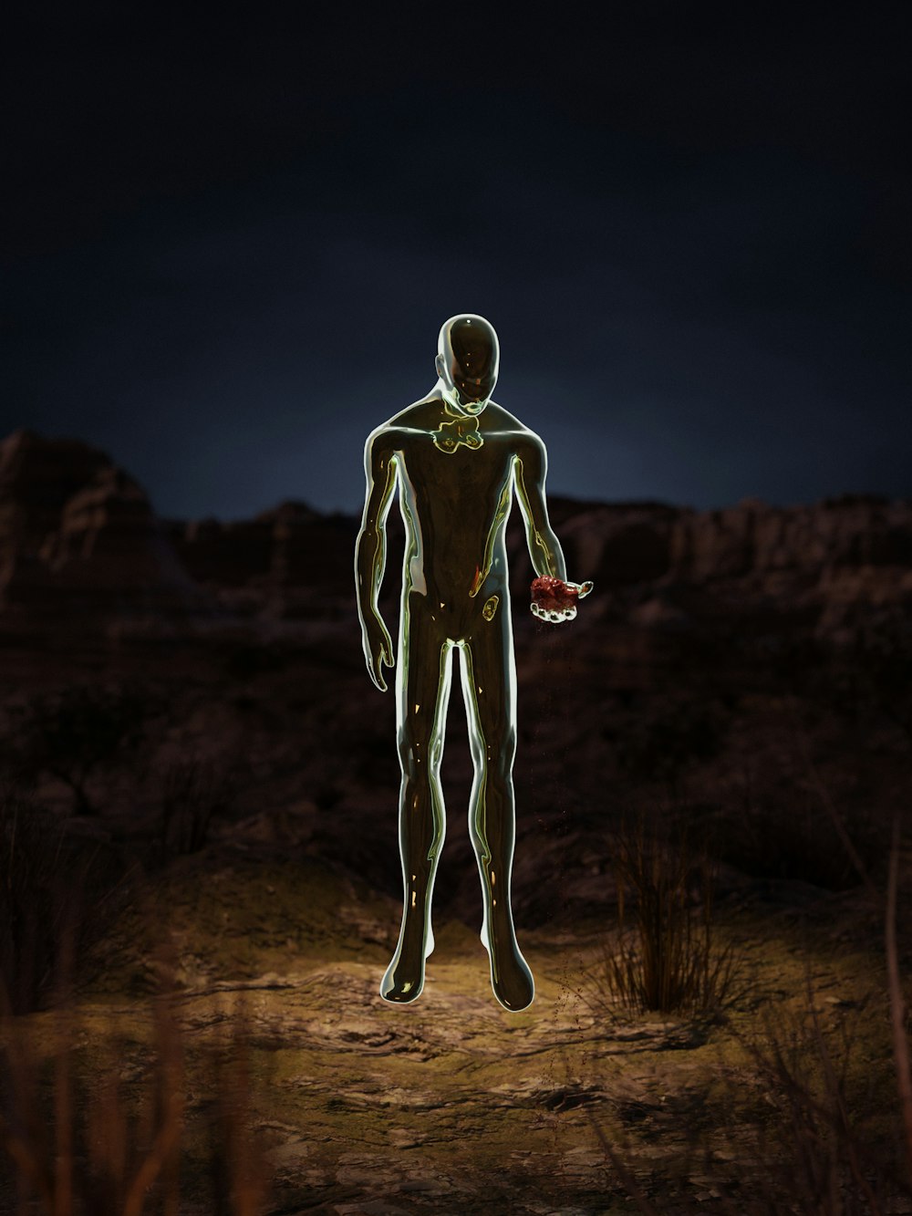 a man standing in the middle of a desert at night