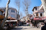 A lively street scene features various small businesses such as restaurants and cafes with awnings. People are walking and sitting at outdoor tables, enjoying the sunny day. Leafless trees line the street, and the sky is clear and blue.