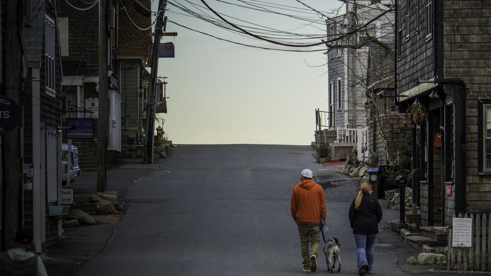 a man and a woman walking a dog down a street