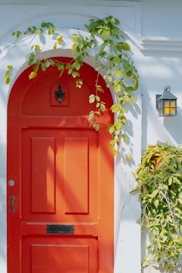 Bright red front door with classic brass knocker and matching mailbox.