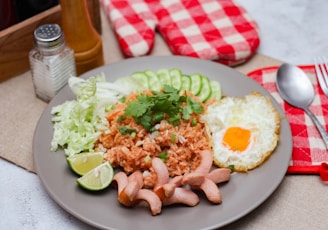 a plate of food on a table with a fork and knife