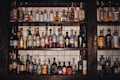 A collection of various liquor bottles of different shapes, sizes, and colors neatly arranged on three rows of dark wooden shelves. The background behind the shelves features white tiles with grid lines. Each bottle has uniquely designed labels, displaying a diverse selection of spirits, including whiskey, tequila, and liqueurs.