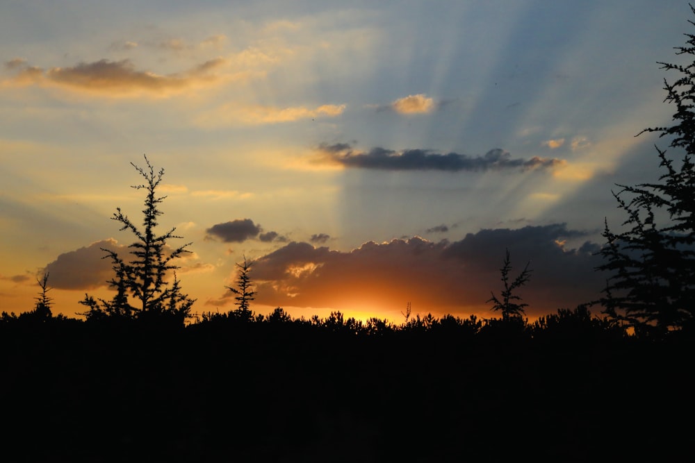 the sun is shining through the clouds over the trees