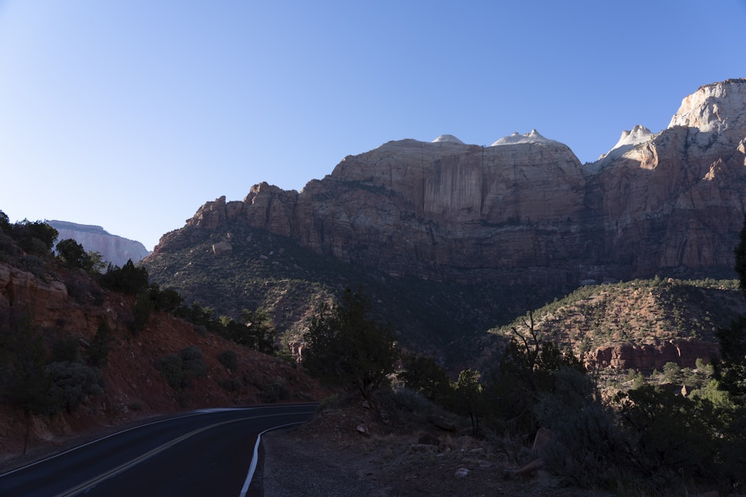 a road with a mountain in the background,