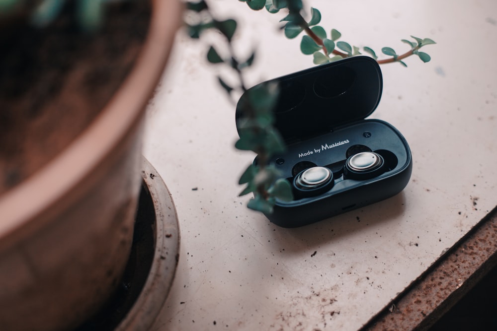 a pair of earbuds sitting on top of a table next to a plant