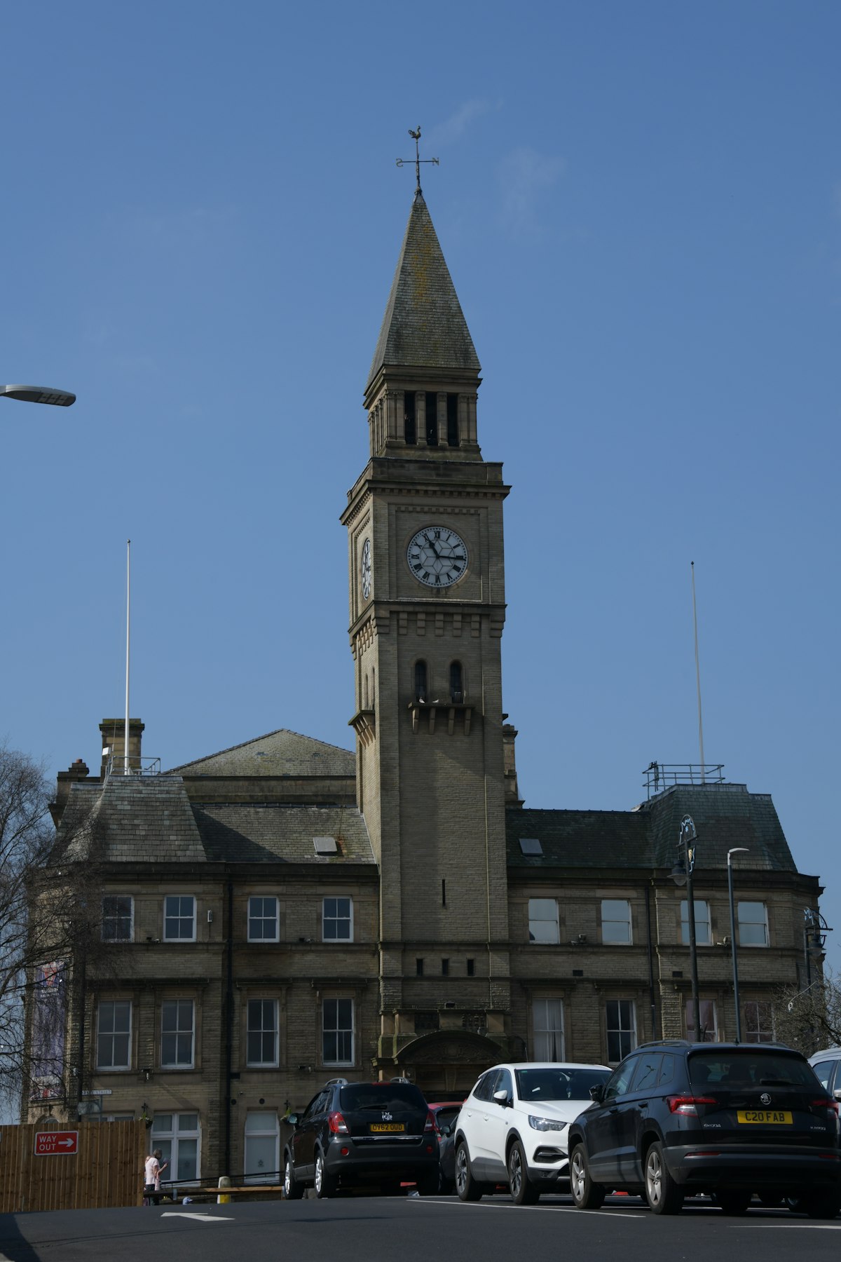 Clock tower over a street in a Lancashire town such as Chorley