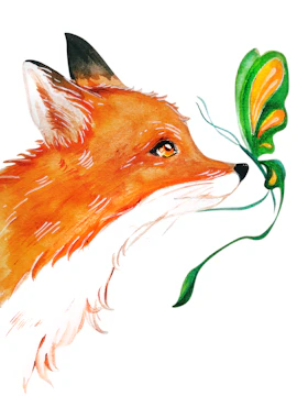An elegant watercolor painting portraying a fox with symbolic patterns softly illuminated by natural light.
