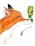 A watercolor painting of a fox gazing intently at a colorful butterfly. The fox's fur is depicted with shades of orange, while the butterfly showcases vibrant green and yellow colors. The image captures a moment of curiosity and interaction between the two creatures set against a white background.
