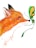 A watercolor painting of a fox gazing intently at a colorful butterfly. The fox's fur is depicted with shades of orange, while the butterfly showcases vibrant green and yellow colors. The image captures a moment of curiosity and interaction between the two creatures set against a white background.