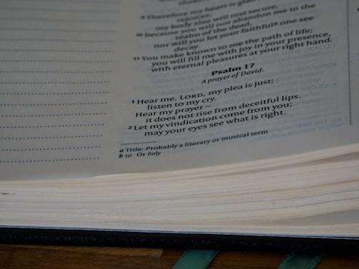 A close-up view of an open Bible showing a passage from Psalm 17. The text is clearly legible, with references to a prayer. The page edges are slightly yellowed, and the focus is primarily on the text content.