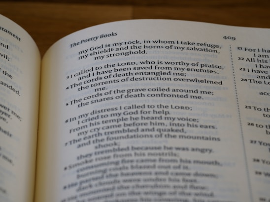 The photograph features an open book displaying text from a religious scripture. The visible pages include chapter numbers and a poetic excerpt about seeking refuge and divine protection. The script is neatly printed in a serif font, and portions of the text are bold for emphasis.