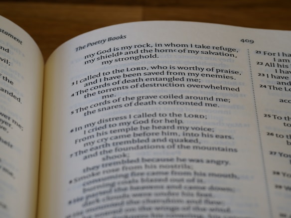 The photograph features an open book displaying text from a religious scripture. The visible pages include chapter numbers and a poetic excerpt about seeking refuge and divine protection. The script is neatly printed in a serif font, and portions of the text are bold for emphasis.