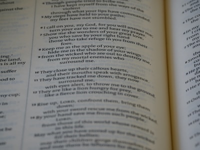 A close-up view of an open book displaying text arranged in verses. The page features a passage with numbered lines and is printed in a serif font. The focus is on a section discussing themes of protection and refuge.
