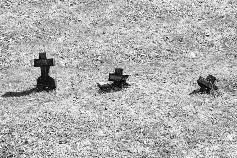 a black and white photo of three crosses in a field