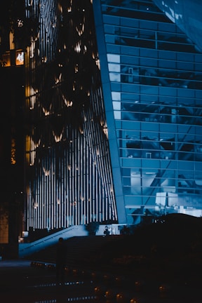 A modern building with a unique, illuminated facade that features vertical light strips. The structure has large glass windows, reflecting the lights and surroundings. There is a darkened area at the bottom with a silhouette of a person standing close to the entrance, which has an illuminated path leading up to it.