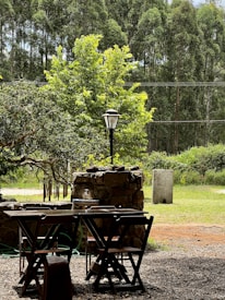 A rustic outdoor seating area with wooden tables and chairs is set on a gravel surface. In the background, a tall stone structure surrounds a water faucet, and a classic streetlamp stands nearby. This area is surrounded by lush greenery, with tall trees and bushes creating a natural backdrop.