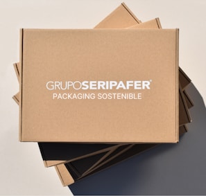 Stacked brown cardboard boxes with the text 'GRUPOSERIPAFER PACKAGING SOSTENIBLE' printed in white.