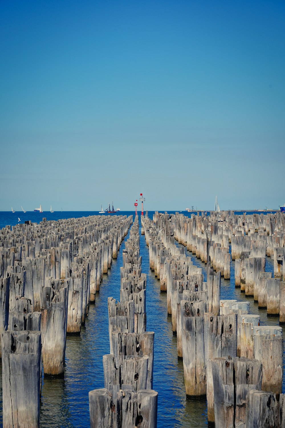 a large body of water surrounded by wooden posts