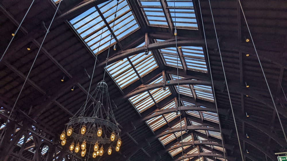 a chandelier hanging from the ceiling of a building