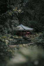 A small gazebo with a traditional Asian architectural style is nestled amidst dense greenery. The scene is serene with surrounding trees and shrubs, creating a secluded and peaceful environment.
