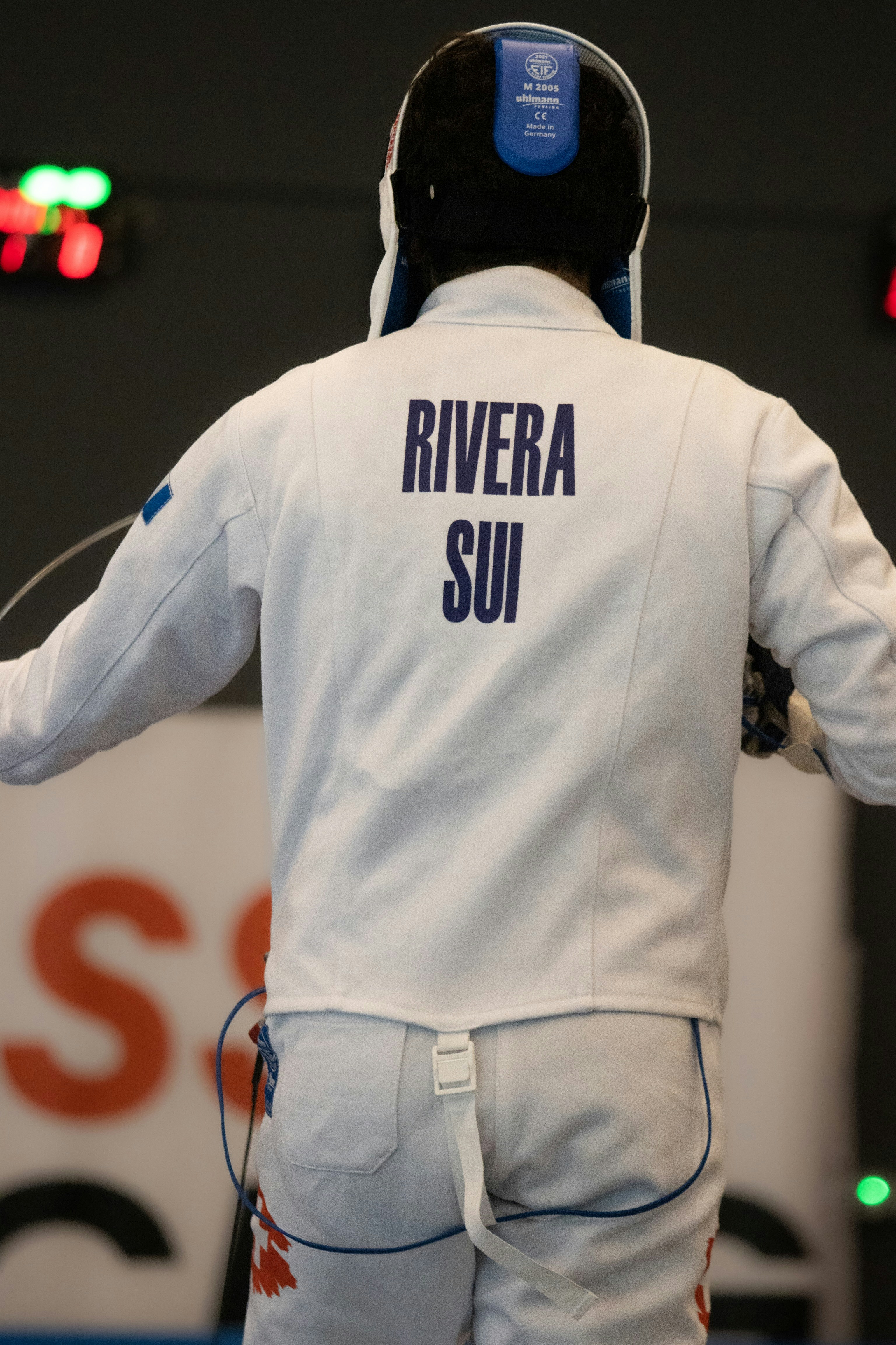 An athlete displaying their sponsor's logo