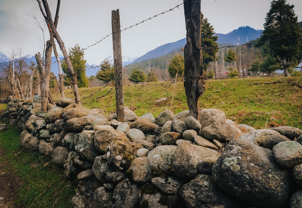 a stone wall with a barbed wire fence