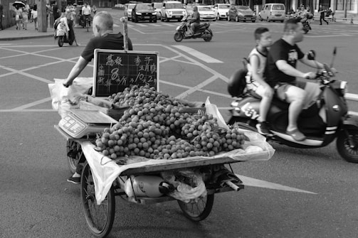 A street vendor transports a cart laden with fresh fruit, possibly lychees or longans, on a busy urban road. The vendor is riding a bicycle, converted to carry the fruit, which is displayed neatly with a chalkboard listing prices. People and vehicles, including motorbikes and cars, occupy the background, suggesting a lively city atmosphere.