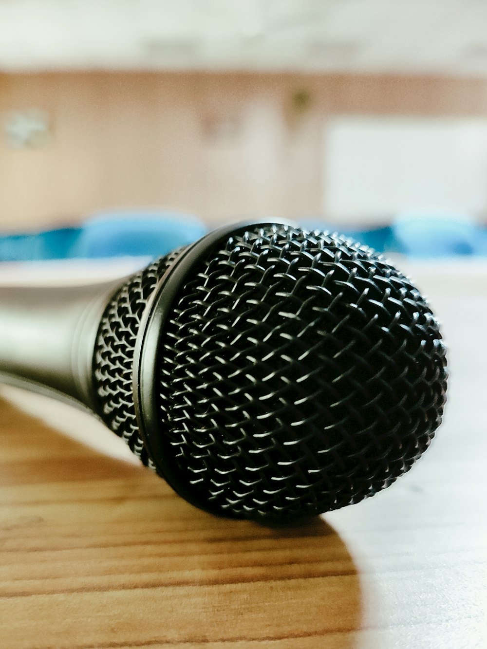 a close up of a microphone on a table
