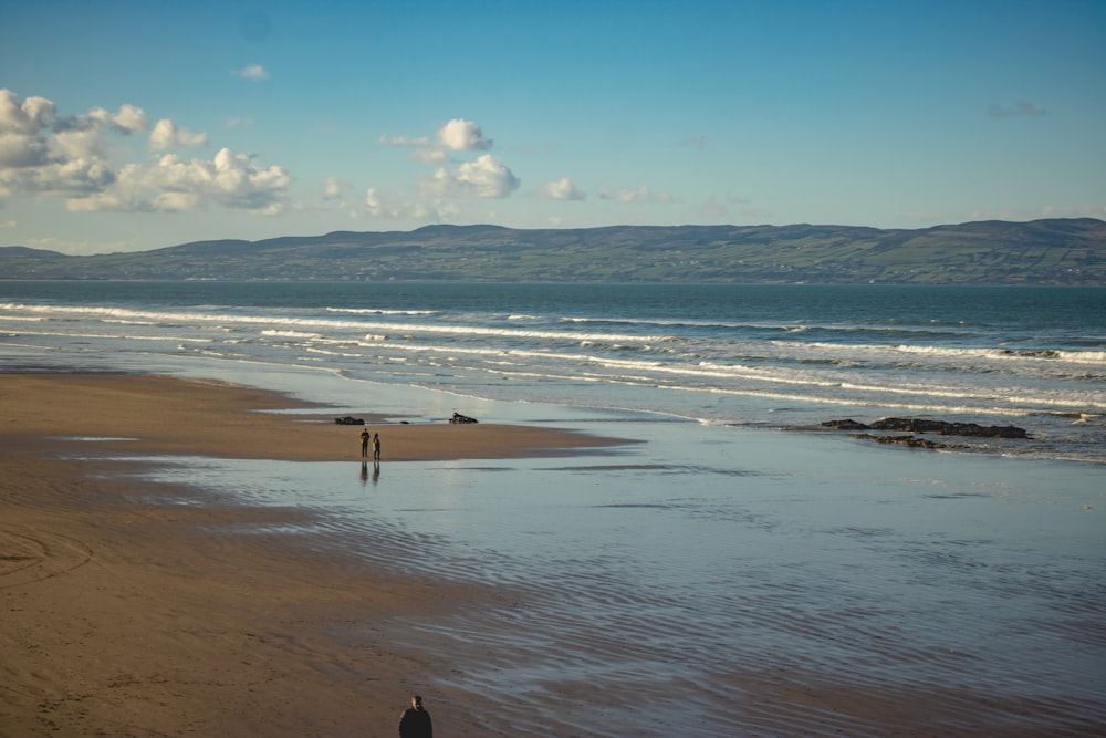 a couple of people walking along a beach next to the ocean