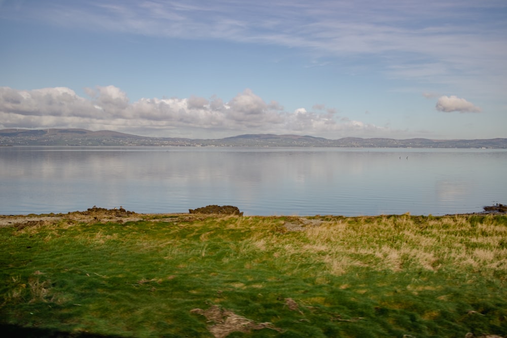 a large body of water sitting next to a lush green field