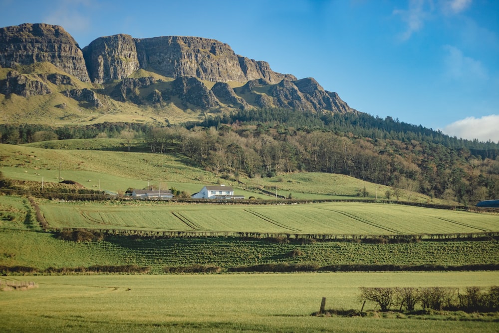 a large field with a house in the middle of it