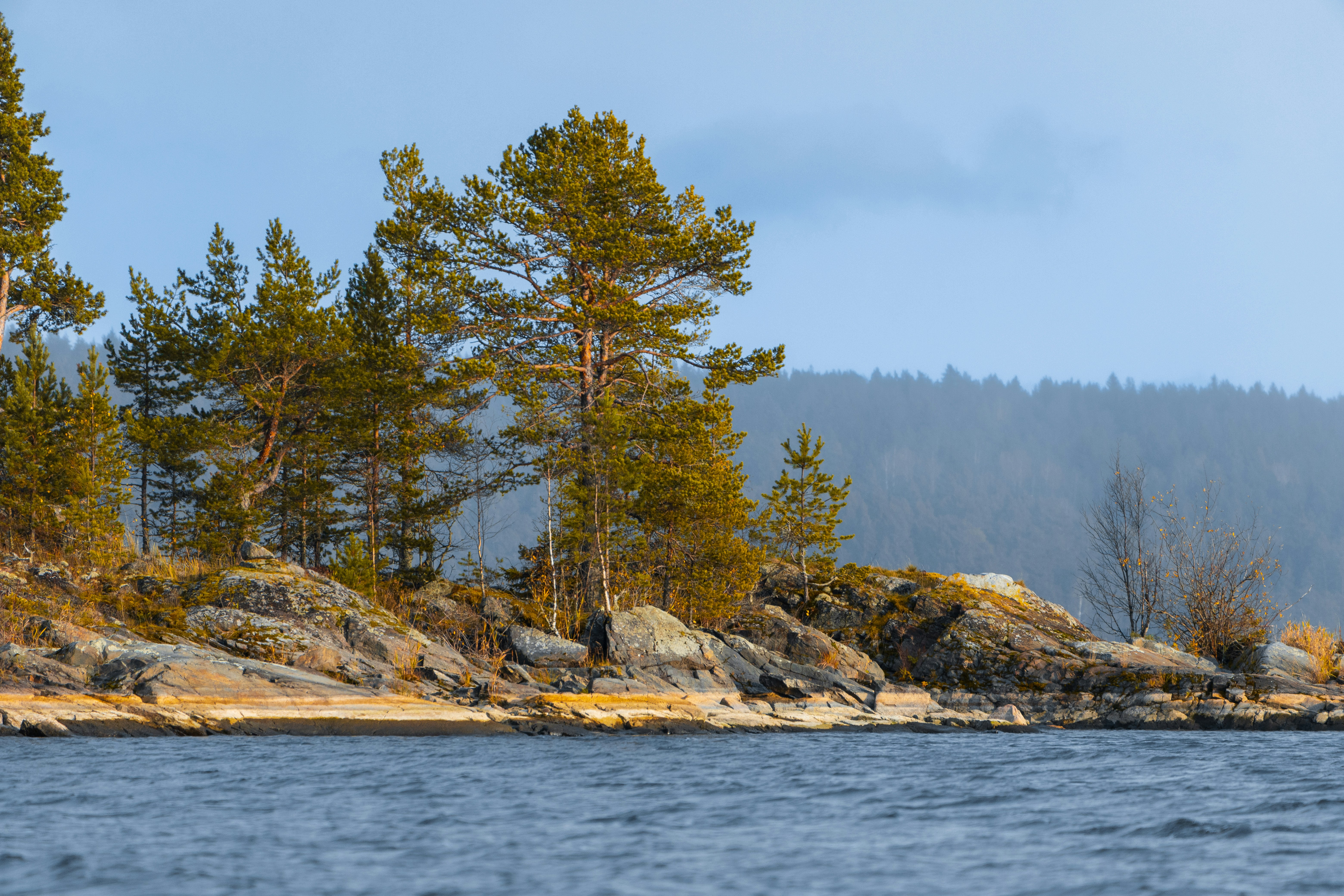 a body of water surrounded by trees and rocks, NORTH KARELIA FOREST