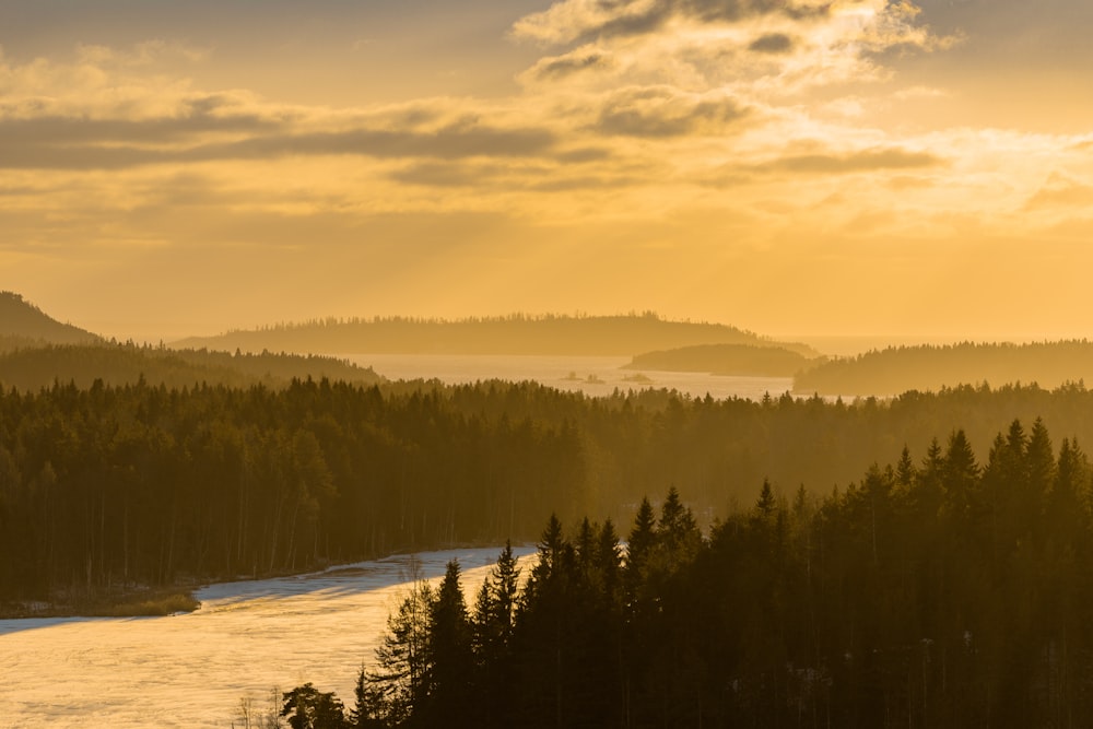 the sun is setting over a river in the woods