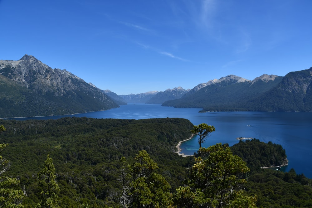 a scenic view of a lake surrounded by mountains