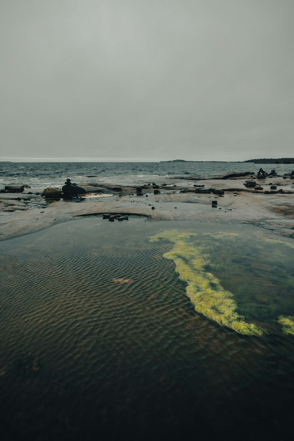 a body of water surrounded by rocks and grass