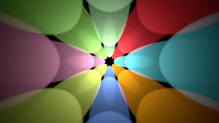 Close-up of a vibrant elliptical artwork blending smooth curves with sharp checkered contrasts.