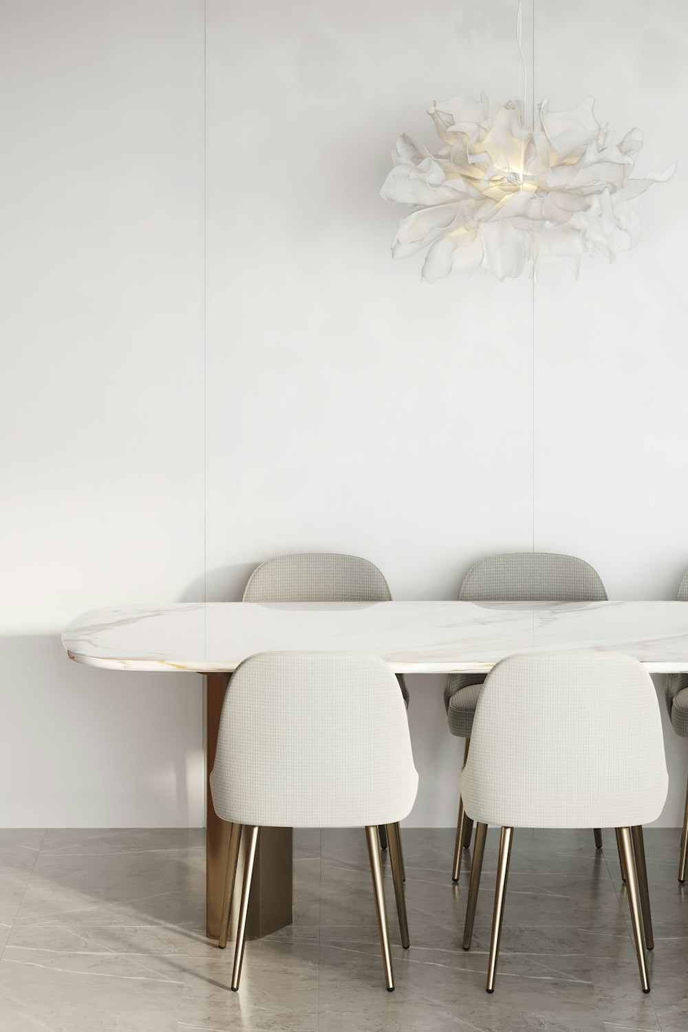 a dining room table with chairs and a chandelier