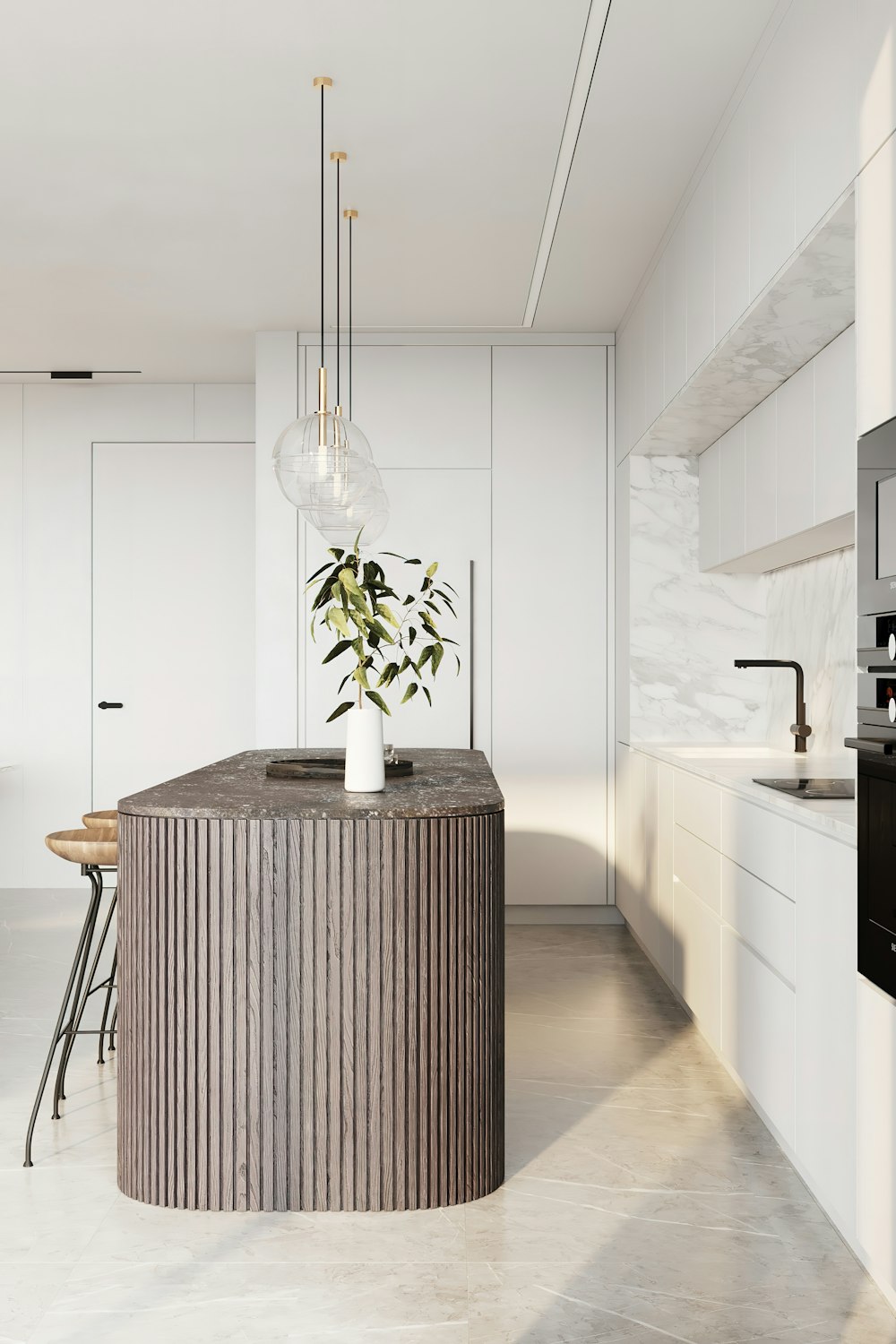 a kitchen with a table and a vase with flowers on it