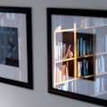 a close up of a book shelf