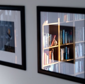 a close up of a book shelf