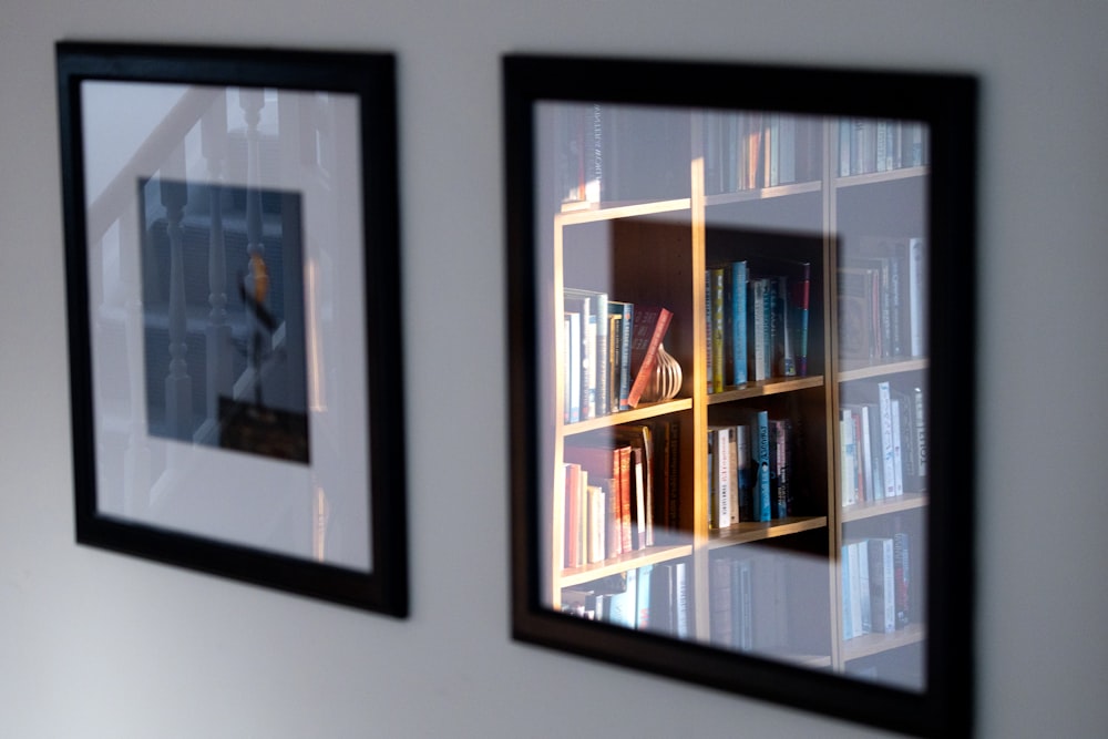 a close up of a book shelf