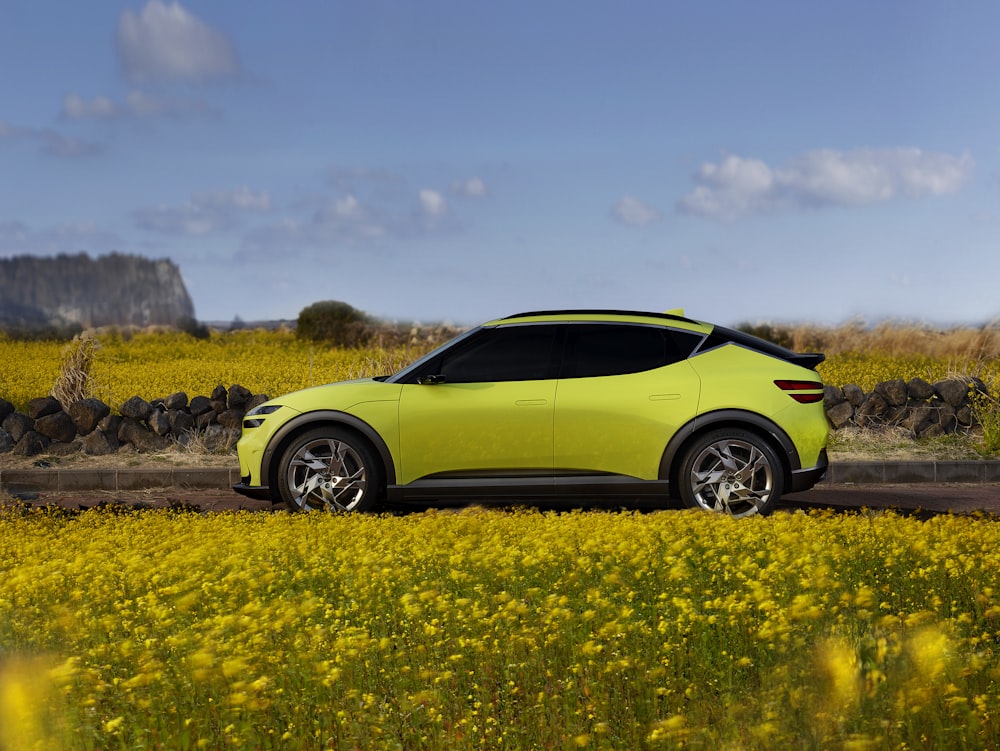 a green car parked in a field of flowers