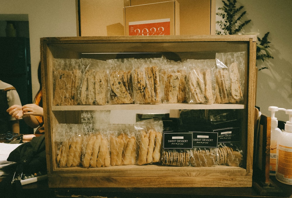 a display case with food