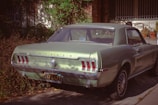 A vintage, pale green Ford Mustang parked in a driveway, surrounded by foliage. The car's classic taillights and chrome bumper are visible, along with a California license plate.