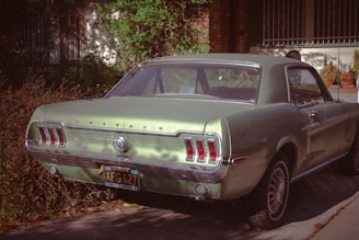 A vintage, pale green Ford Mustang parked in a driveway, surrounded by foliage. The car's classic taillights and chrome bumper are visible, along with a California license plate.