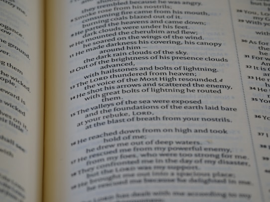 The image displays an open book with text, focusing on a particular page with detailed and formatted content. The font is clear, and the text appears to be from a religious or poetic text, folding into two columns of specific verses or passages.