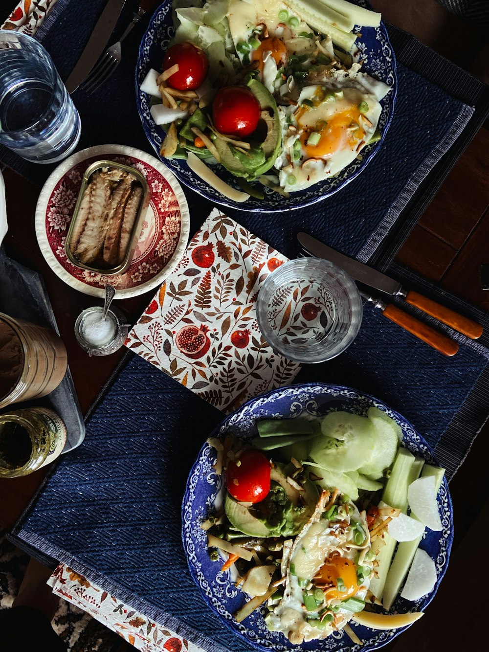 a table is filled with food